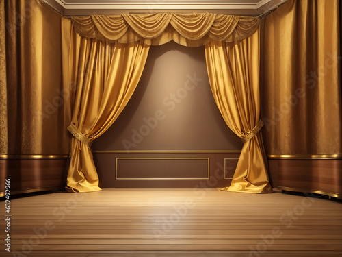 Gold curtains and wooden floor. Golden stage concept of exclusivity. Generate Ai