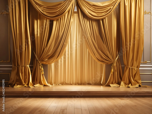 Gold curtains and wooden floor. Golden stage concept of exclusivity. Generate Ai