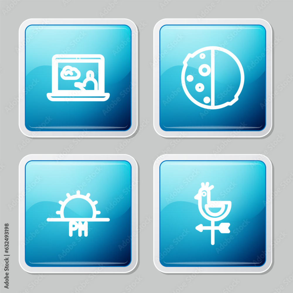 Set line Weather forecast, Eclipse of sun, Sunset and Rooster weather vane icon. Vector Set line Weather forecast, Eclipse of sun, Sunset and Rooster weather vane icon. Vector