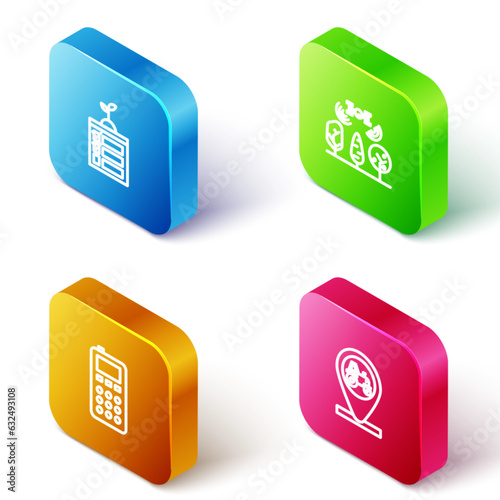 Set Isometric line Smart farming technology, with drone, Remote control and Tractor and location icon. Vector