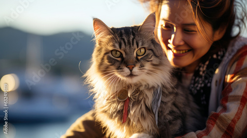 cat with runshine in the morning. senior asian woman travelling with flufy cat,  asia lake view background. photo