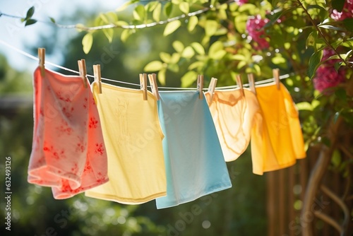 After being washed  children s colorful clothing is drying  Generative Ai