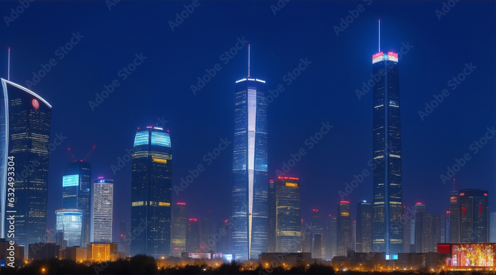 Night illuminates modern Beijing skyline steel skyscrapers reflect by Generative AI