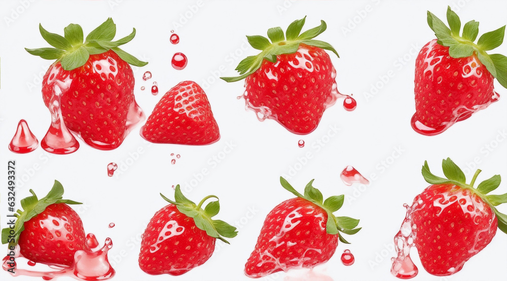 Strawberry splashes set isolated with small drops by Generative AI Strawberry splashes set isolated with small drops by Generative AI