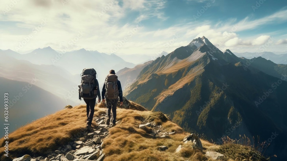 a couple of people hiking on a mountain