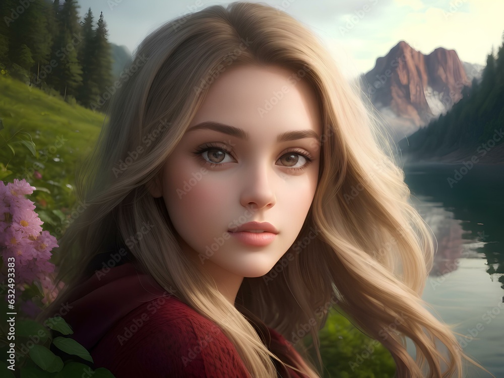 a very beautiful girl against the background of mountains looks into the camera, generated by AI