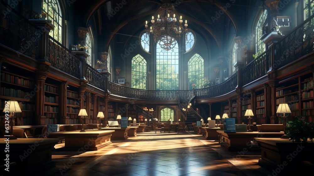 Obraz premium a large library with a large arched window