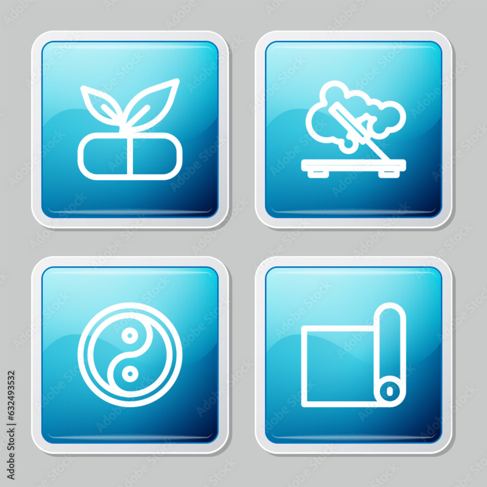 Set line Medical pill with plant, Scented spa stick, Yin Yang and Fitness mat roll icon. Vector Set line Medical pill with plant, Scented spa stick, Yin Yang and Fitness mat roll icon. Vector