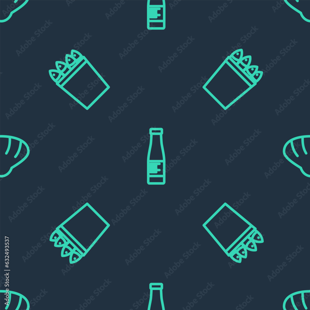 Set line Sauce bottle, Fishing bucket with fishes and Scallop sea shell on seamless pattern. Vector Set line Sauce bottle, Fishing bucket with fishes and Scallop sea shell on seamless pattern. Vector