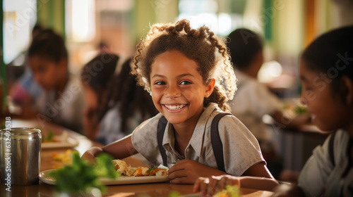 Laughter and voices of children fill the cafeteria as they enjoy lunch among friends. After summer vacation, the return to daily school meals seems especially delicious  photo