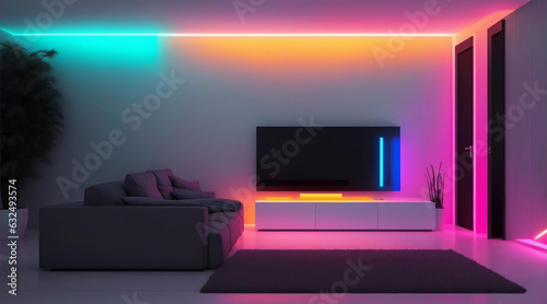 The minimalist interior design of the modern living room with colorful light neon by Generative AI