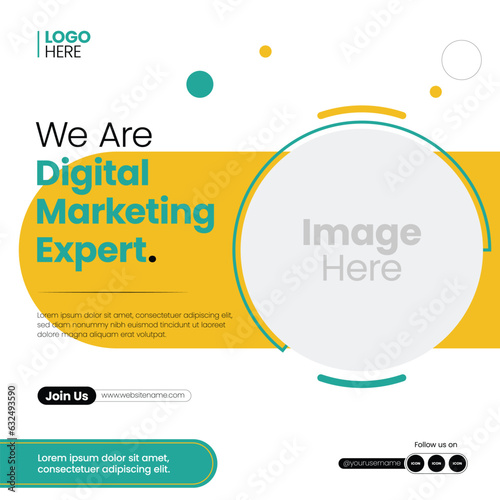 Editable minimal square banner template. Yellow and White and Green background color with shape. Suitable for social media post and web ads. Modern promotion square banner. Eps 10