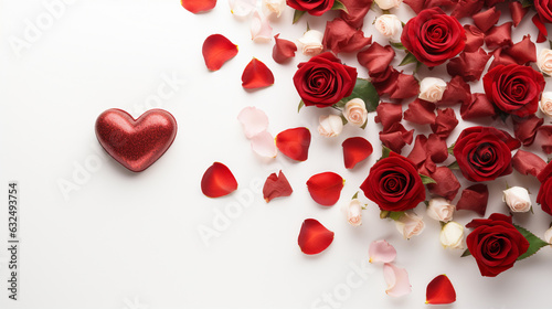 Composition for a Valentine s Day banner  incorporating design elements like a crimson rose  embellished red heart  and ribbon  elegantly arranged on a pristine white background in 