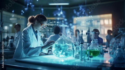 a person in a lab coat looking at a blue object