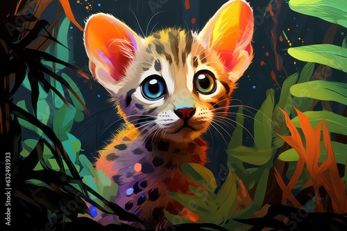 Cute baby cat in the jungle. Beautiful illustration picture. Generative AI © standret