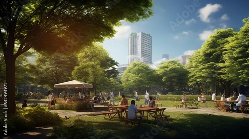 Fototapeta Naklejka Na Ścianę i Meble -  a group of people sitting at picnic tables in a park