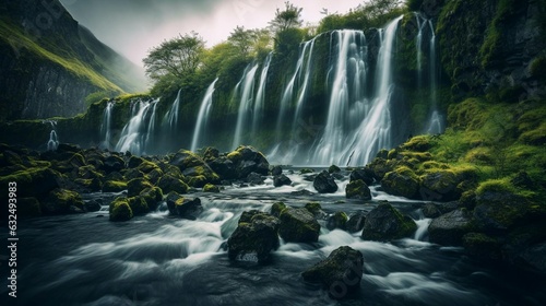 a waterfall with rocks and grass