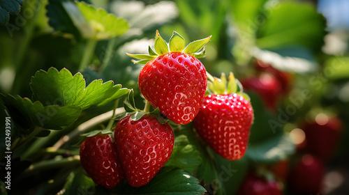 Summer fruit setting  Juicy strawberry against a backdrop of lush greenery. 