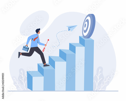 Business man with briefcase running fast up stairs towards goal to achieve Success in business growing business concept