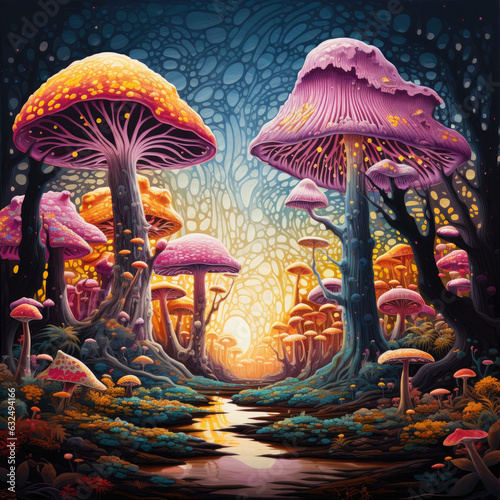 Bright colorful fantastic mushrooms in a forest clearing. Fantasy.