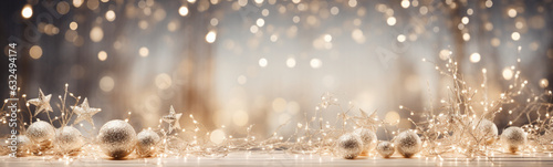Fotografia Artistic Christmas banner backdrop adorned with holiday decorations and the soft shimmer of bokeh lights