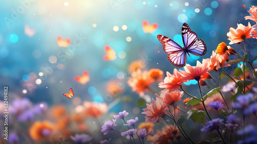 A nature landscape background of a spring garden featuring untamed spring flowers and fluttering butterflies  Vibrant and colorful garden blossoms Generative AI © Julia
