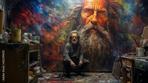 a man sitting in front of a painting