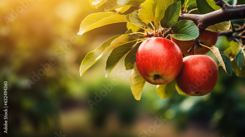 A branch of an apple tree adorned with a ripe organic red apple against a softly blurred background of a green garden in nature. Generative AI