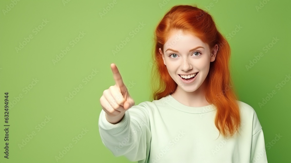 Excited young ginger teenager girl is smiling and pointing by finger. Beautiful illustration picture. Generative AI Excited young ginger teenager girl is smiling and pointing by finger. Beautiful illustration picture. Generative AI