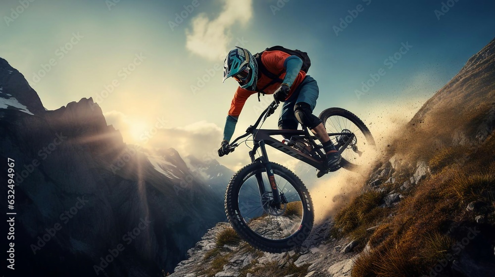 a man riding a bike on a mountain - obrazy, fototapety, plakaty 