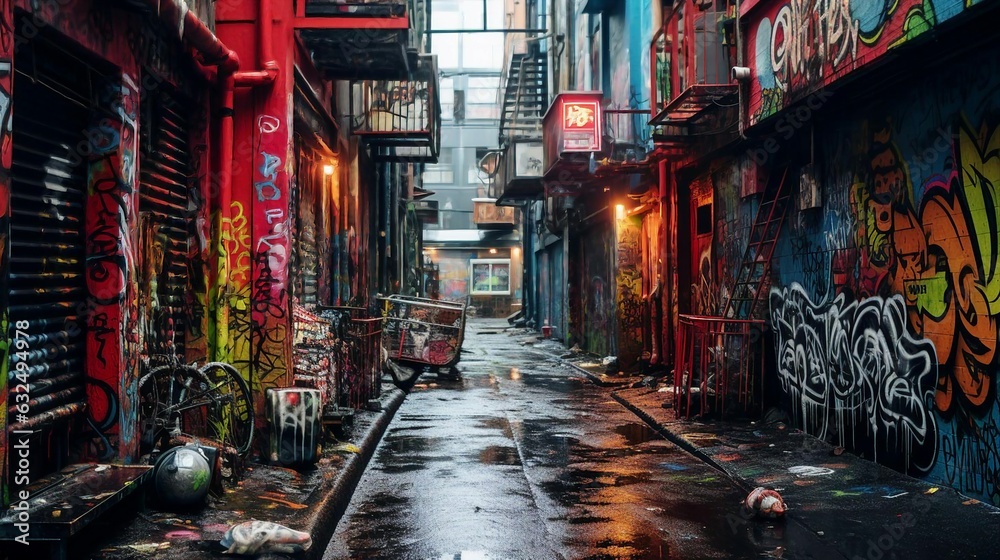 a street with graffiti on the walls