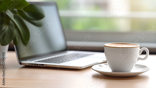 White cup of Coffee and laptop on Wooden Table 