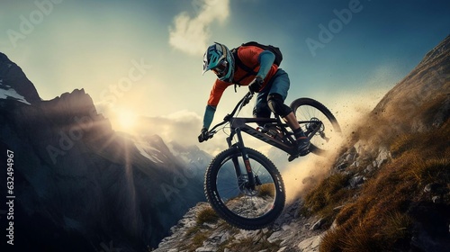 Print op canvas a man riding a bike on a mountain