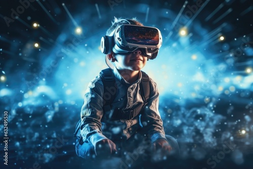 A boy wearing VR headset user, surreal world and virtual reality, colorful flowers fields. Generative AI © itchaznong