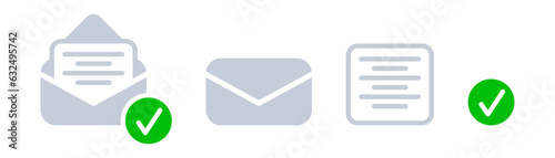 Sending letter icons. Envelope, letter and green check mark icon for apps and websites. Vector illustration isolated on white background.