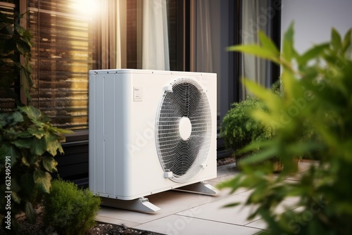 An air-source heat pump installed in a residential building, Generative Ai