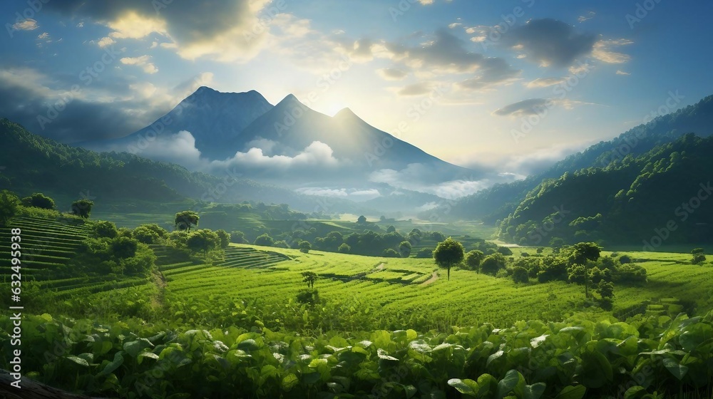 Fototapeta premium a green field with mountains in the background