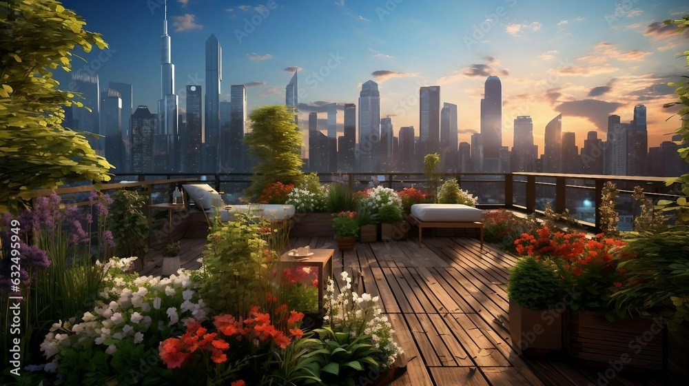 Fototapeta premium a garden with flowers and a city skyline in the background