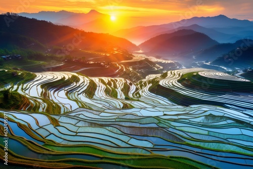 Futuristic rice fields under the setting sun. Beautiful illustration picture. Generative AI