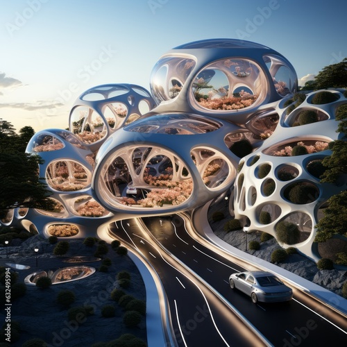 Futuristic architectural design in city. Beautiful illustration picture. Generative AI