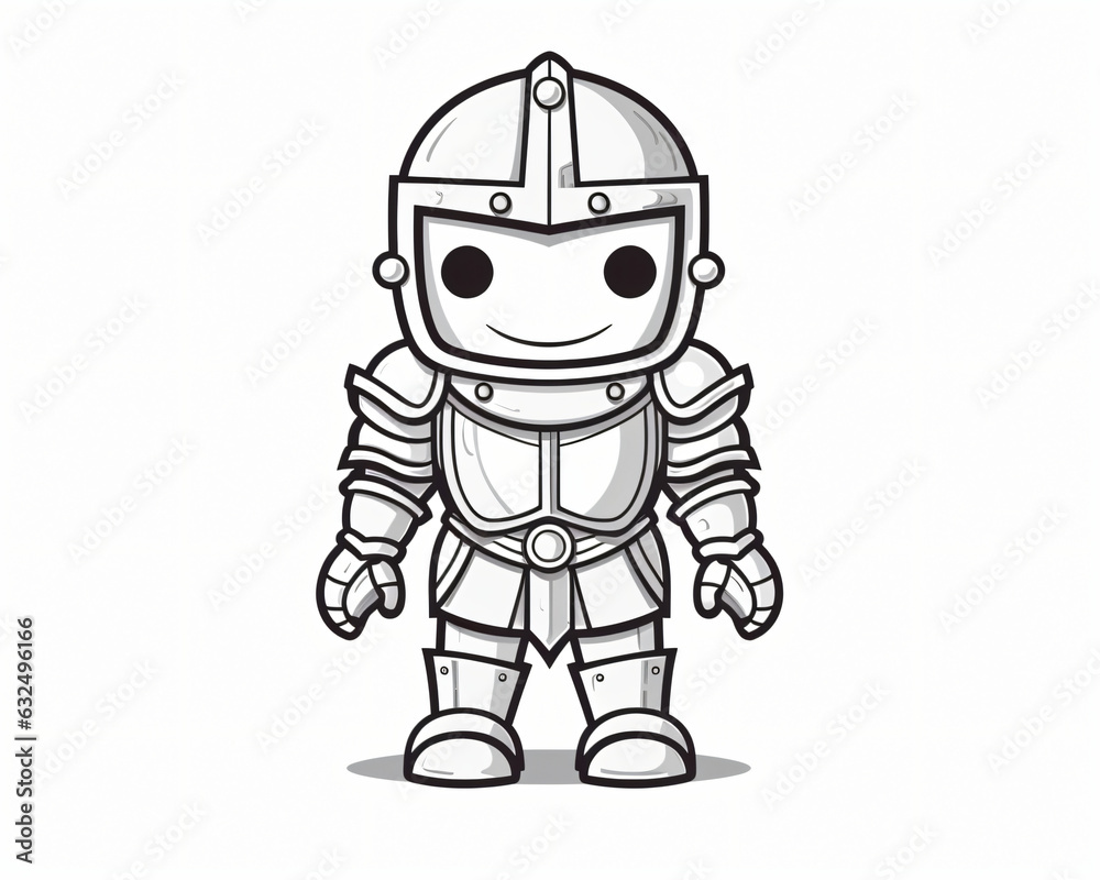 A charming black and white line art drawing of a cute knight, showcasing whimsical charm and a touch of medieval bravery in a simple yet artistic portrayal