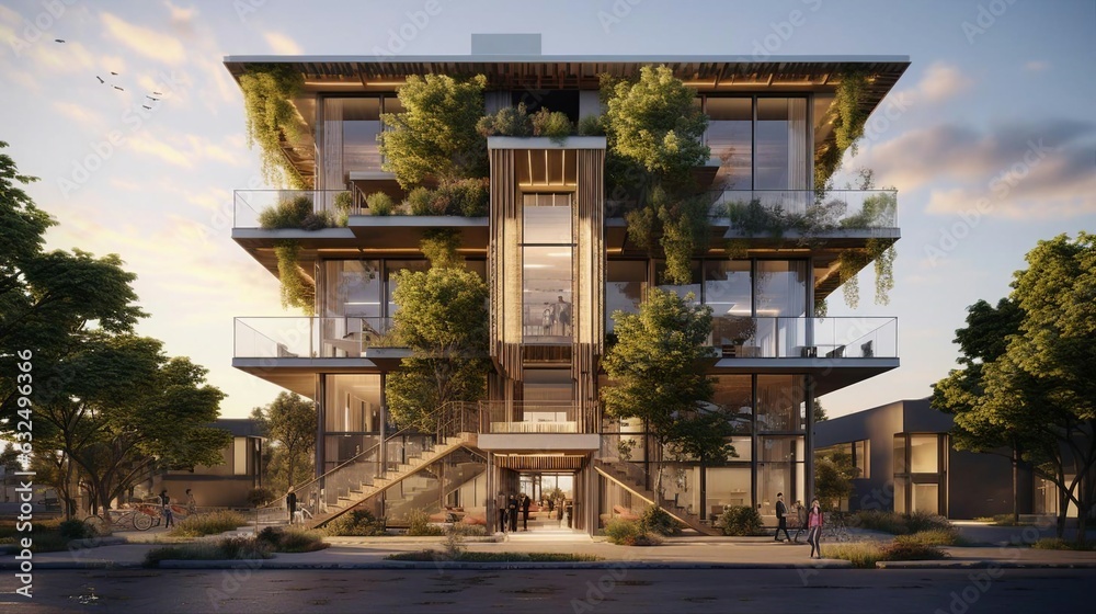 Obraz premium a building with trees and people outside