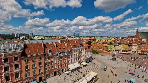 Warsaw, Poland  August 2, 2023: time lapse. old city, square and Royal Castle in Warsaw from the top of the tower. Poland photo