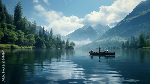 a person in a boat on a lake surrounded by trees and mountains © KWY