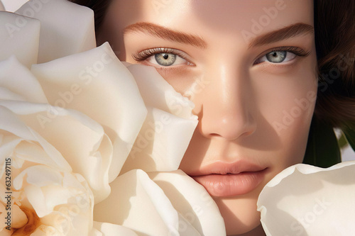 Obraz na płótnie Captivating Camelia Gaze Close-up of a Caucasian womans alluring eyes peering through the pristine white petals, radiating beauty and elegance. w salonie