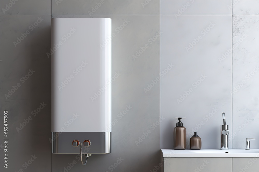 Wall in the bathroom with a mounted gas water heater. Gas boiler - heating and hot water supply
