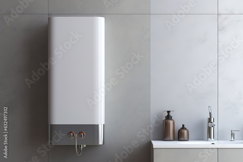 Wall in the bathroom with a mounted gas water heater. Gas boiler - heating and hot water supply photo