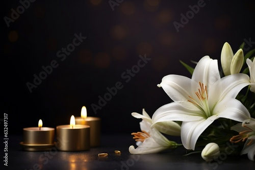 An exquisite lily and a burning candle on a dark background, Generative Ai