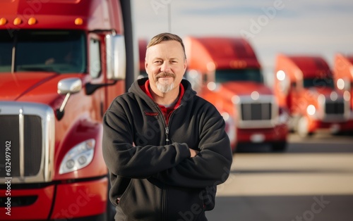 Happy and smiling truck driver portrait in front of trucks