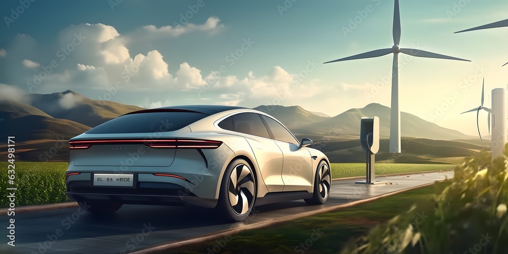 White electric car at charging station with windmills in landscape on background. Postproducted generative AI digital illustration of non existing car model